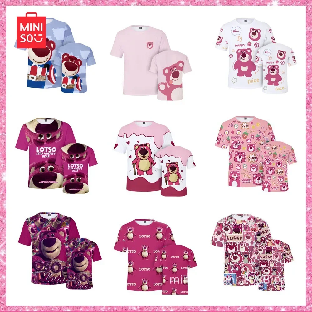 

2024 New Miniso Lotso Cartoon Print Fashion Adult Kids Short Sleeve T Shirt Pin Neck Loose Comfortable Top Birthday Gift