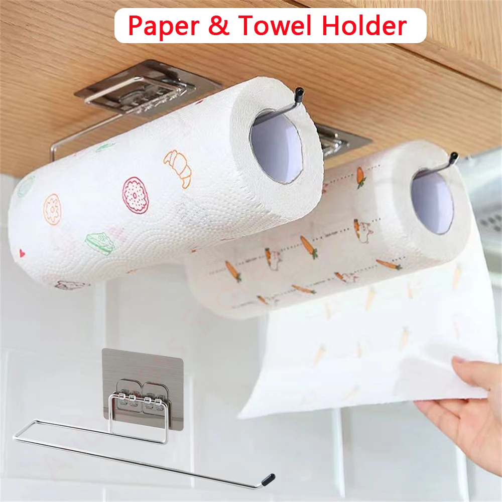 Kitchen Roll Paper Holder Under Cabinet Plastic Wrap Stand Bathroom Towel  Holder Wall Mount Toilet Paper Organizer Storage Shelf - AliExpress