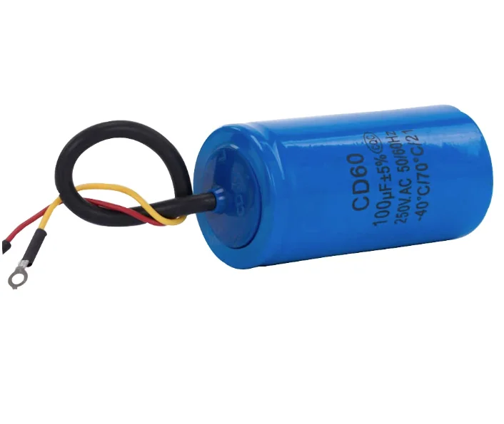 CD60 100UF 250V AC Starting Capacitor For Heavy Duty Electric Motor Air Compressor Red Yellow Two Wires