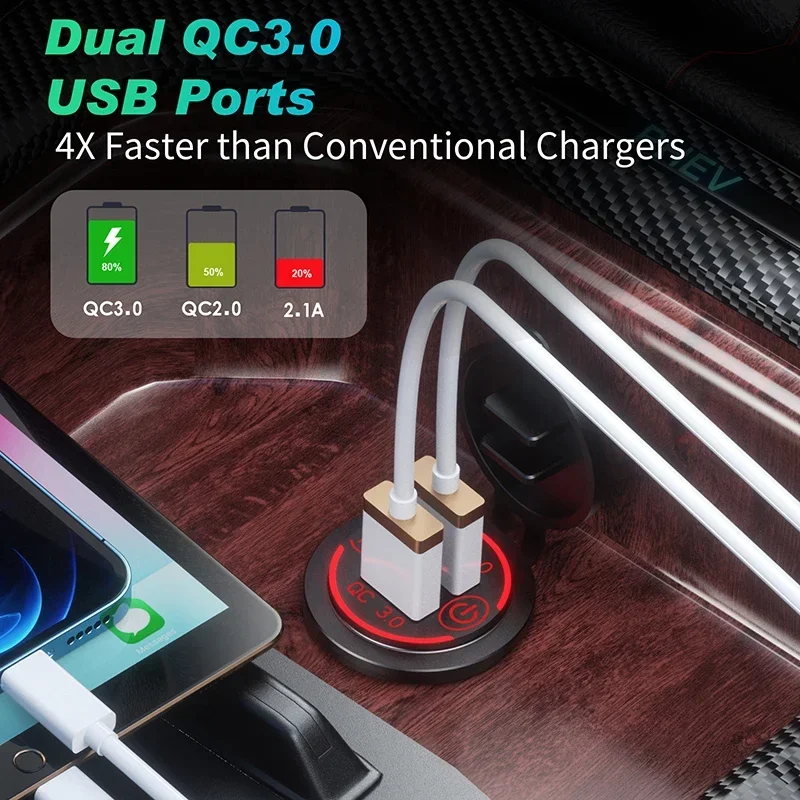 Dual USB Fast Car Charger with Touch Switch & LED Light - Waterproof QC3.0 Power Outlet