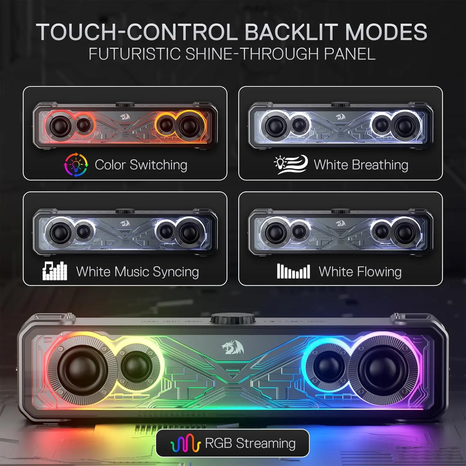 Bluetooth Speaker Mini Bluetooth Speaker Redragon GS817 RGB 2.0 Channel Stereo Speakers Touch-Control Bluetooth 5.3 & 3.5mm AUX Inputs Desktop Soundbar Black