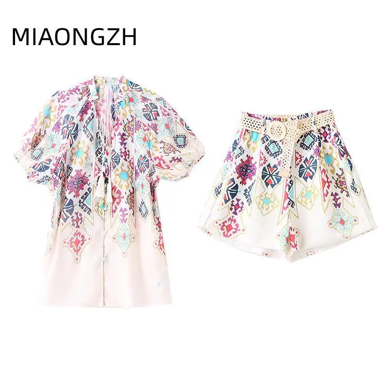 

New Fashion Summer Floral Half Sleeve V Neck Tops Belt For Women Shorts High Waist Casual Pockets Wide Leg Suits Two Piece Set