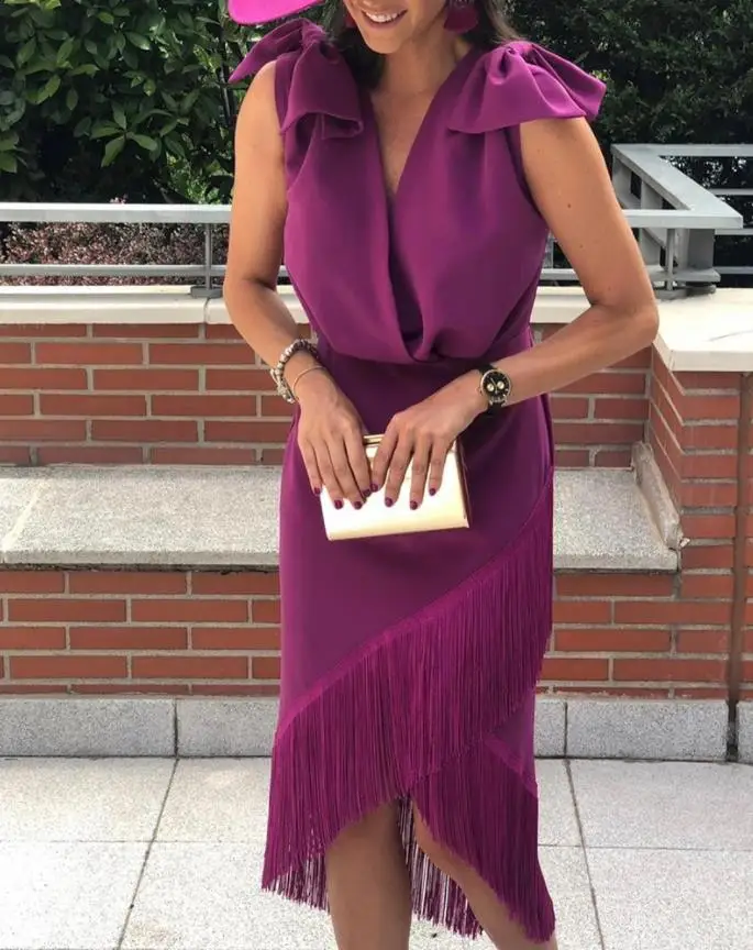 

Tassel Trim Bow Decor Midi Dress 2023 New Sexy Dress Women Sleeveless Dress Solid Bodycon Female Clothes Party Club Outfits