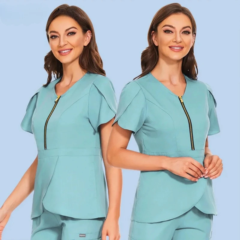 

Oversized Scrubs Tops for Women Spa Dentist Clinical Scrub Uniform Solid Color Short Sleeve V-neck Blouse Pet Shop Nurse Costume