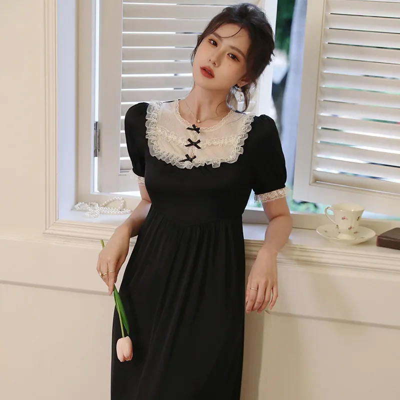 

Женская ночная сорочка из ледяного шелка с коротким рукавом, романтическая ночная рубашка с круглым вырезом, летняя кружевная ночная сорочка, Сказочная пикантная свободная атласная ночная рубашка