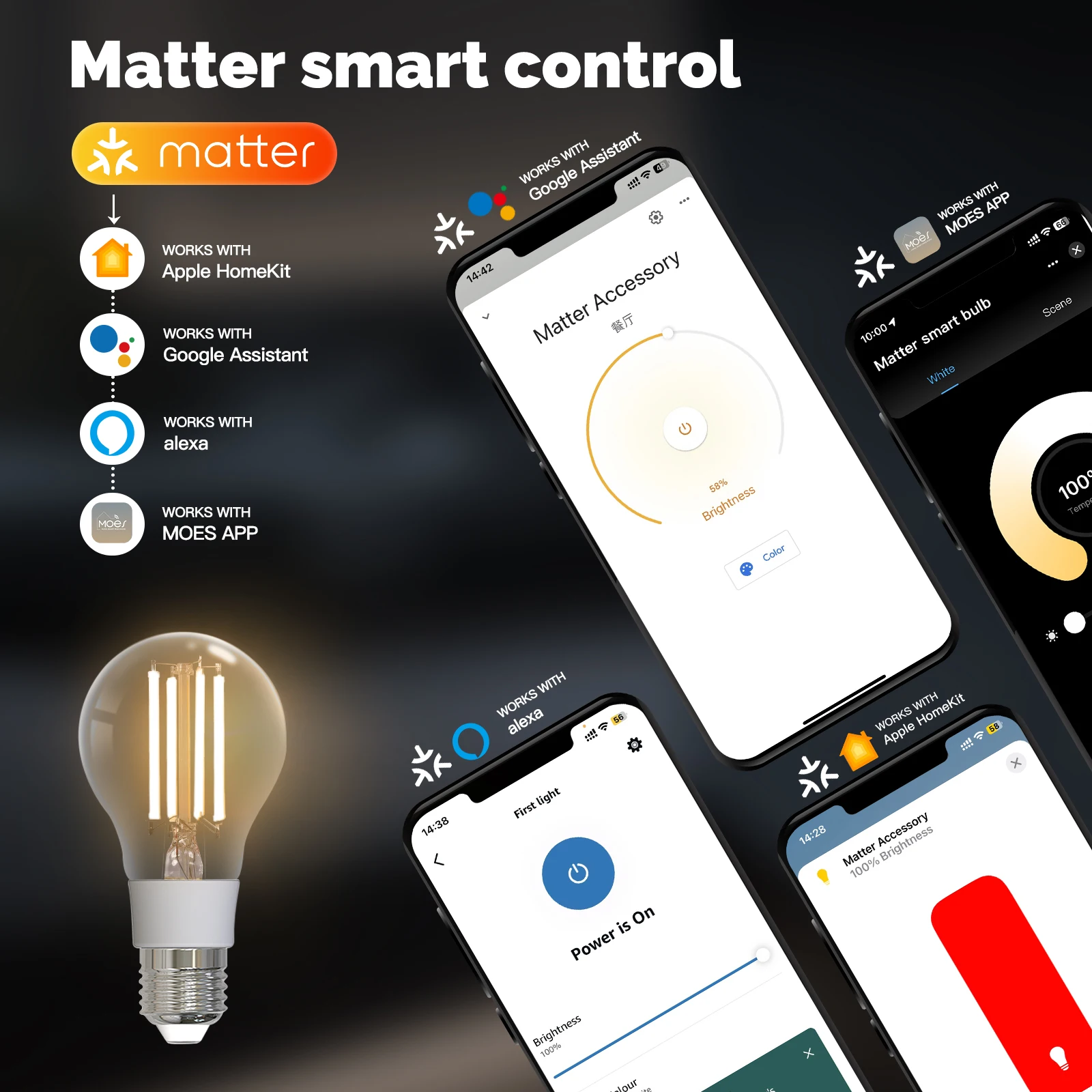 Smart Filament Bulb MOSE Tuya Matter WiFi Smart Filament Bulb E27 Energy Saving Light Dimmable APP Remote Control Alexa GoogleHome for Voice Control