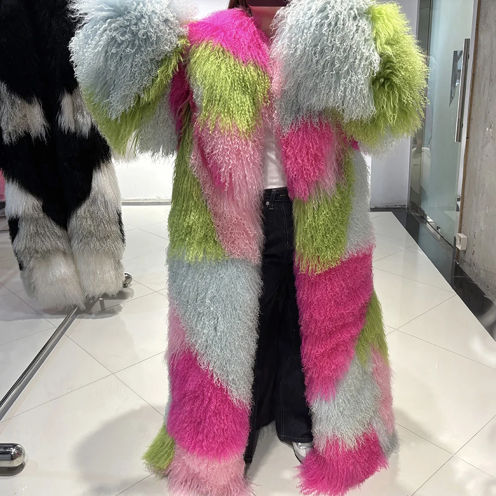 YOLOAgain 135-140cm Floor Length Mongolia Sheep Fur Coat Women Winter Warm Party Long Fur Coat Ladies Overcoat
