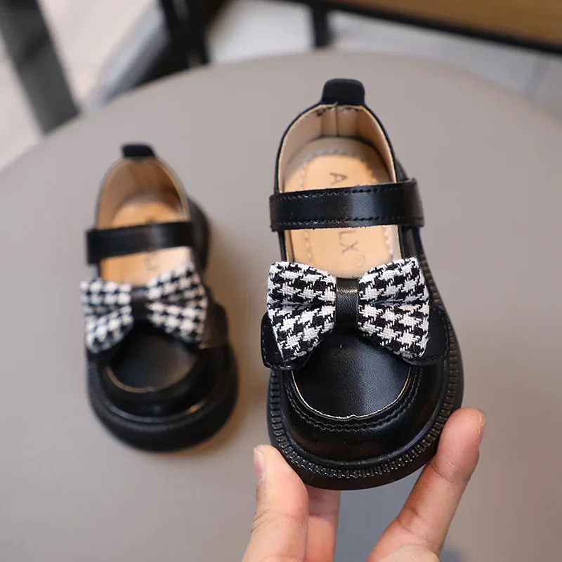 Children Leather Shoes Girl's Cute Houndstooth Bow-tie Shallow Shoes Baby's High-quality Casual Wedding Party Kids G04271