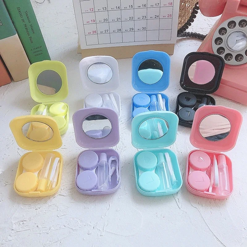Compact Purple Pink Contact Lens Case Set with Mirror - Stylish and Portable Eyewear Storage Kit