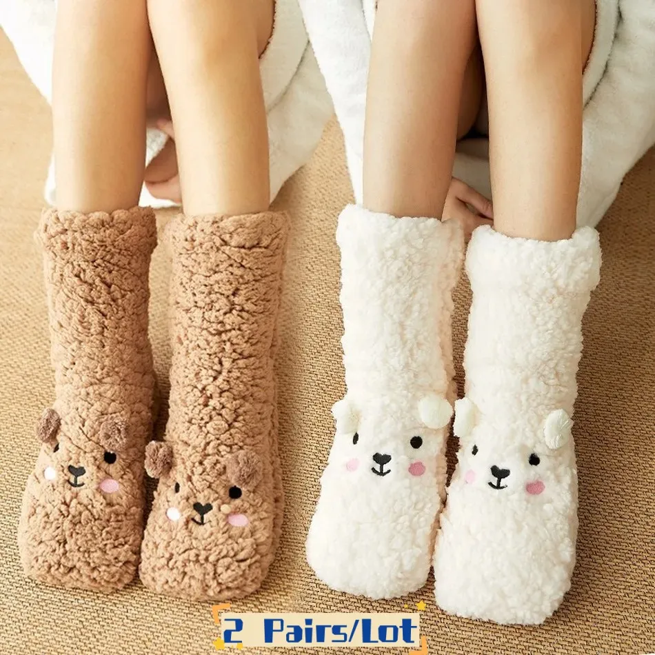 

2 Pairs Floor Socks Women Autumn and Winter Velvet Coral Fleece Socks Sleep Home Slippers Snow Confinement Bear Carpet Socks