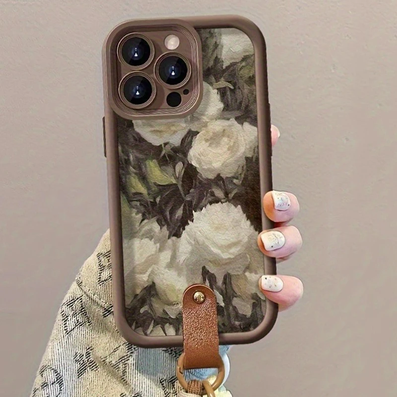 Oil Painting White Rose Hand Strap Phone Case - Soft Cover