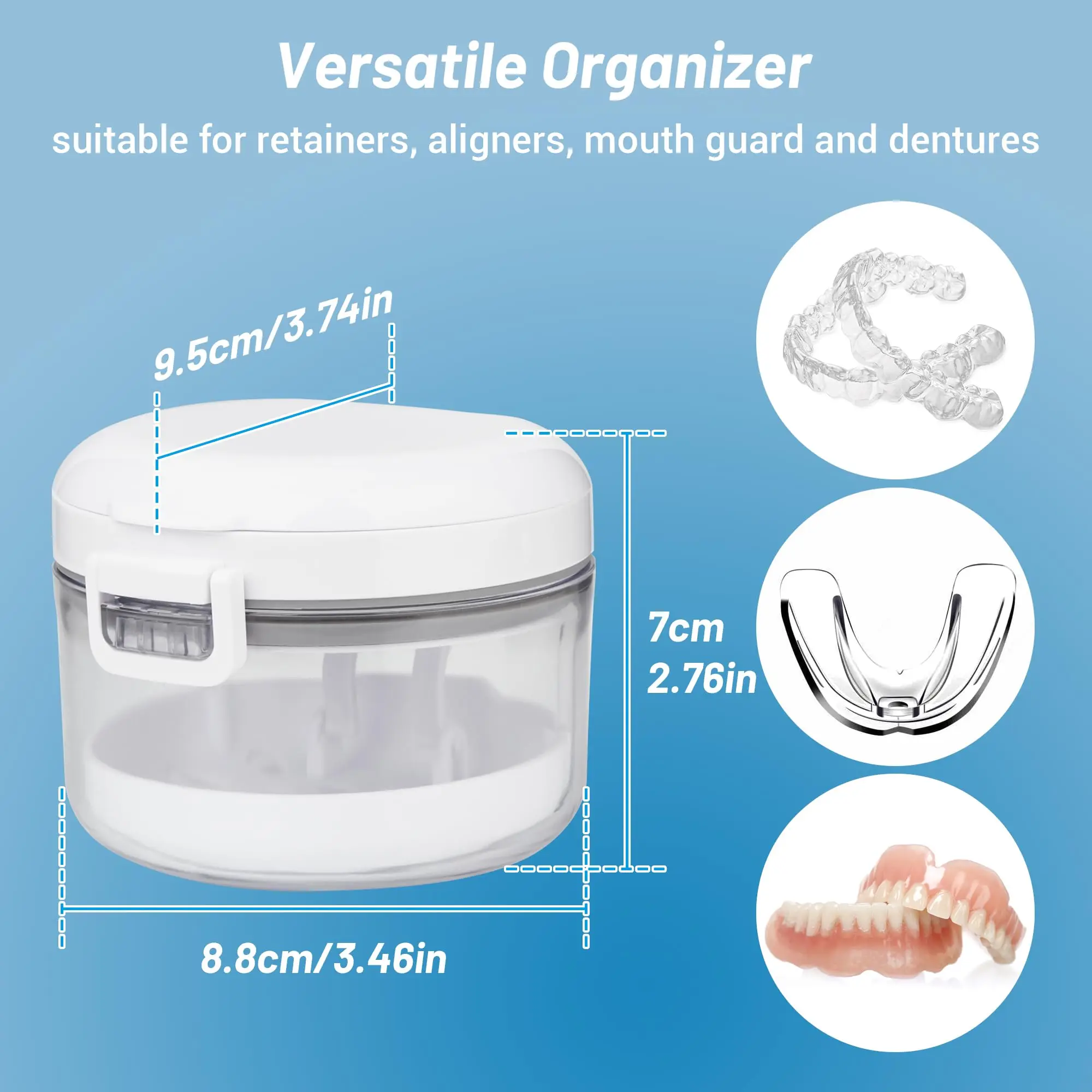 Denture Bath Box with Strainer Basket Mouth Guard Retainer Case Leak Proof Denture Storage Case for Travel Soaking Dentures
