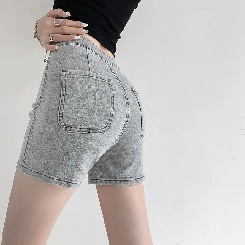 

2022 Summer Stretch Denim Shorts For Women High Waist Skinny Pockets Korean Fashion Jeans Shorts Hot Sexy Short Pants 235