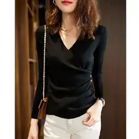 Elegant Slim Short Sweaters Spring New Long Sleeve V Neck Solid Pleated Button Pullovers Top Fashion Temperament Women Clothing 2