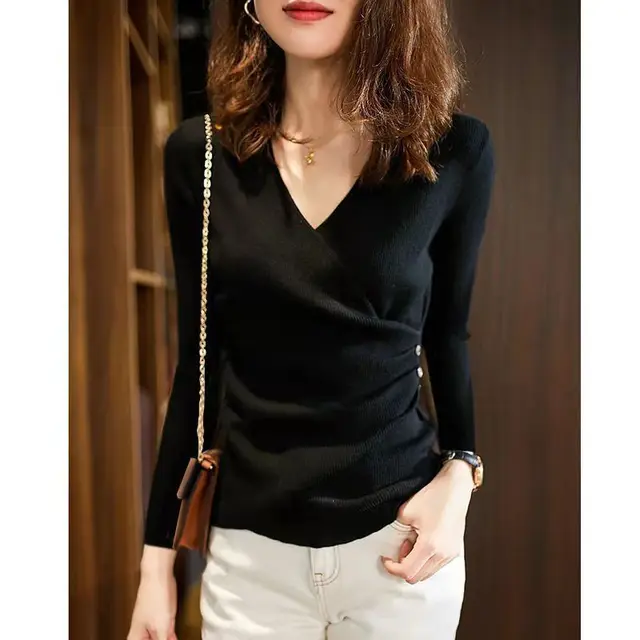 Elegant Slim Short Sweaters Spring New Long Sleeve V Neck Solid Pleated Button Pullovers Top Fashion Temperament Women Clothing 2