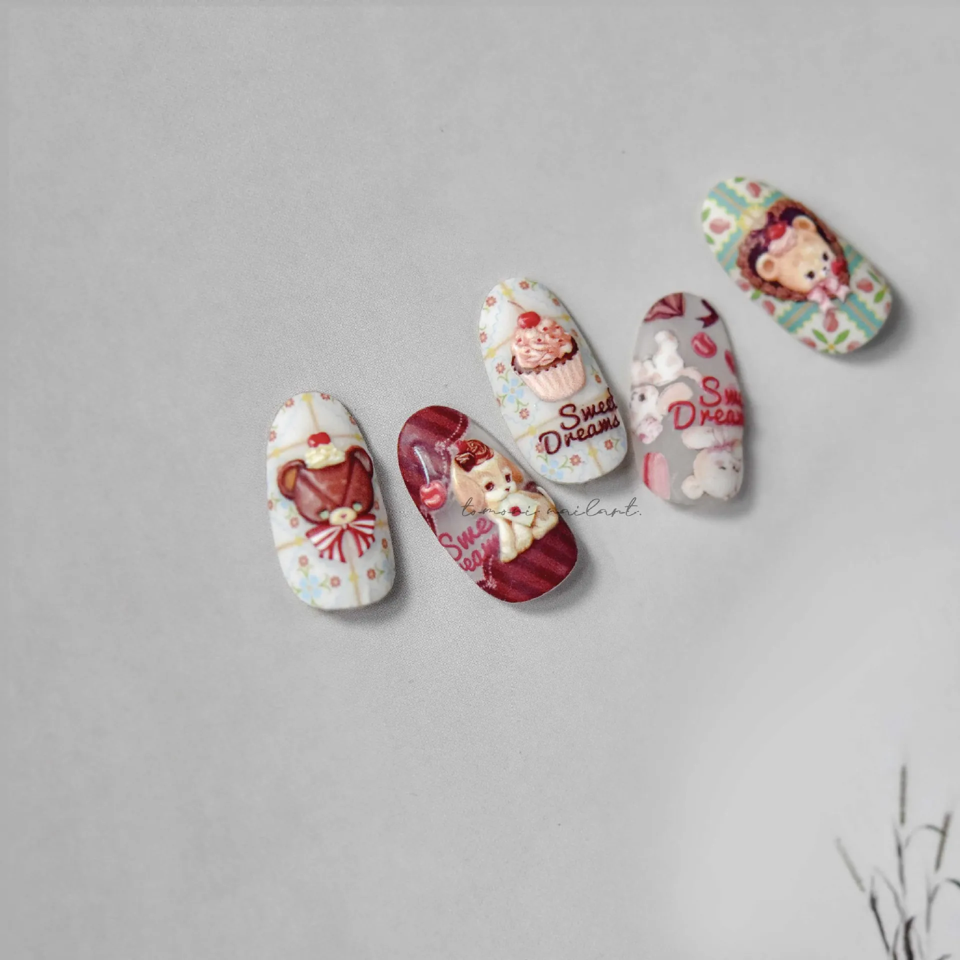 1 Sheet 5D Realistic Relief Retro Cake Chocolate Bear Dog's House Flower Duck Adhesive Nail Art Stickers Decals Manicure Charms 4