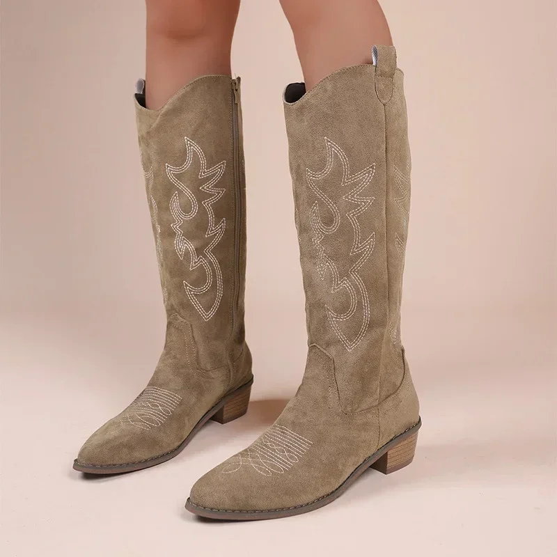 Embroidered Western Cowboy Boots for Women Autumn Pointed Toe Thick Heel High Knee Boots Woman Loose PU Leather Long Botas Mujer - 6