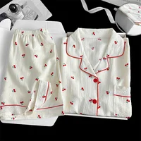 Summer ort Sve Spwear Women's Bubble Gauze Pleated Cardigan Sweet Little Cherry Thin Home Clothes Set Casual Sle - Image 2