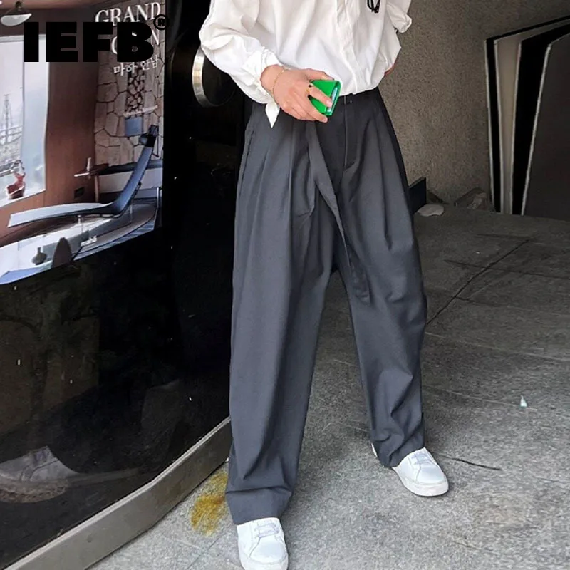 

Брюки IEFB мужские с поясом, повседневные однотонные прямые широкие штаны, в Корейском стиле, осень 2024 9C6740