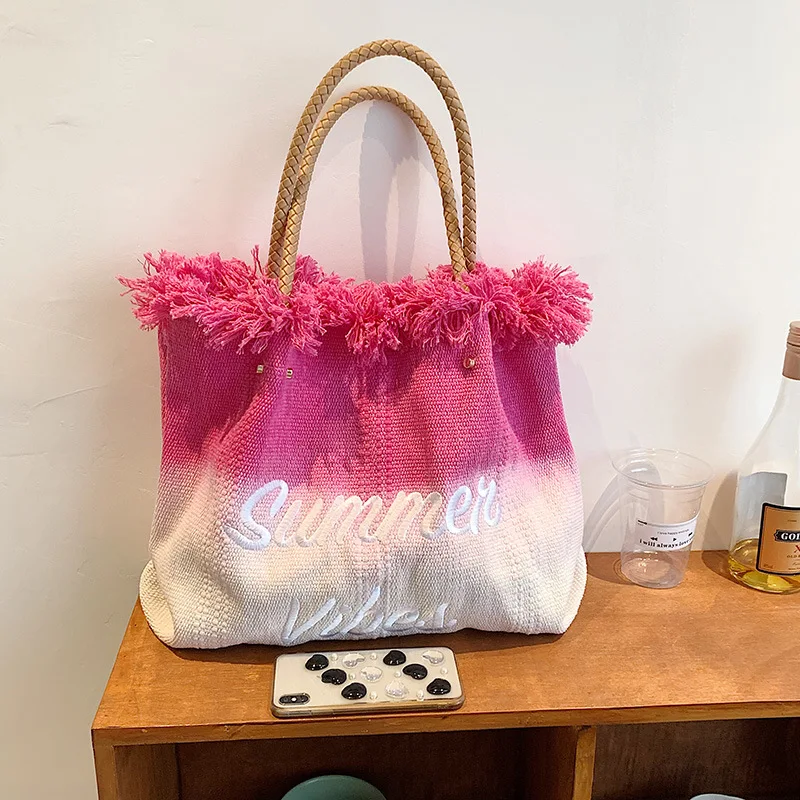 

Fashion Large Capacity Tassel Beach Bags for Women Letter Embroidery Gradient Color Canvas Tote Shoulder Bag Summer Travel Bag