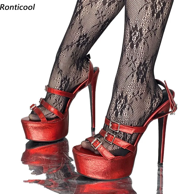 

Ronticool New Arrival Women Waterproof Sandals Buckle Strap Sexy Ultra Thin High Heels Open Toe Red Dress Shoes US Size 5-20
