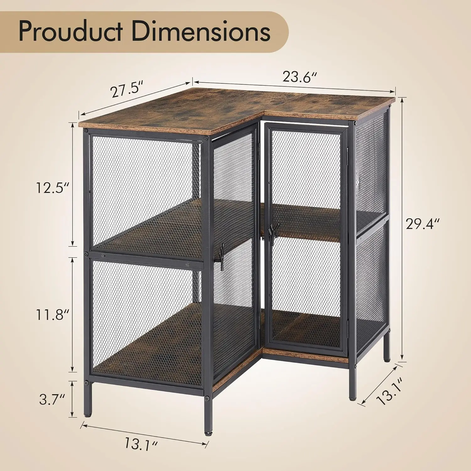 3-Tier Corner Cabinet, Metal Mesh Doors, Short TV Stand, Compact Space, Living Room, Kitchen, Home Office, Brown