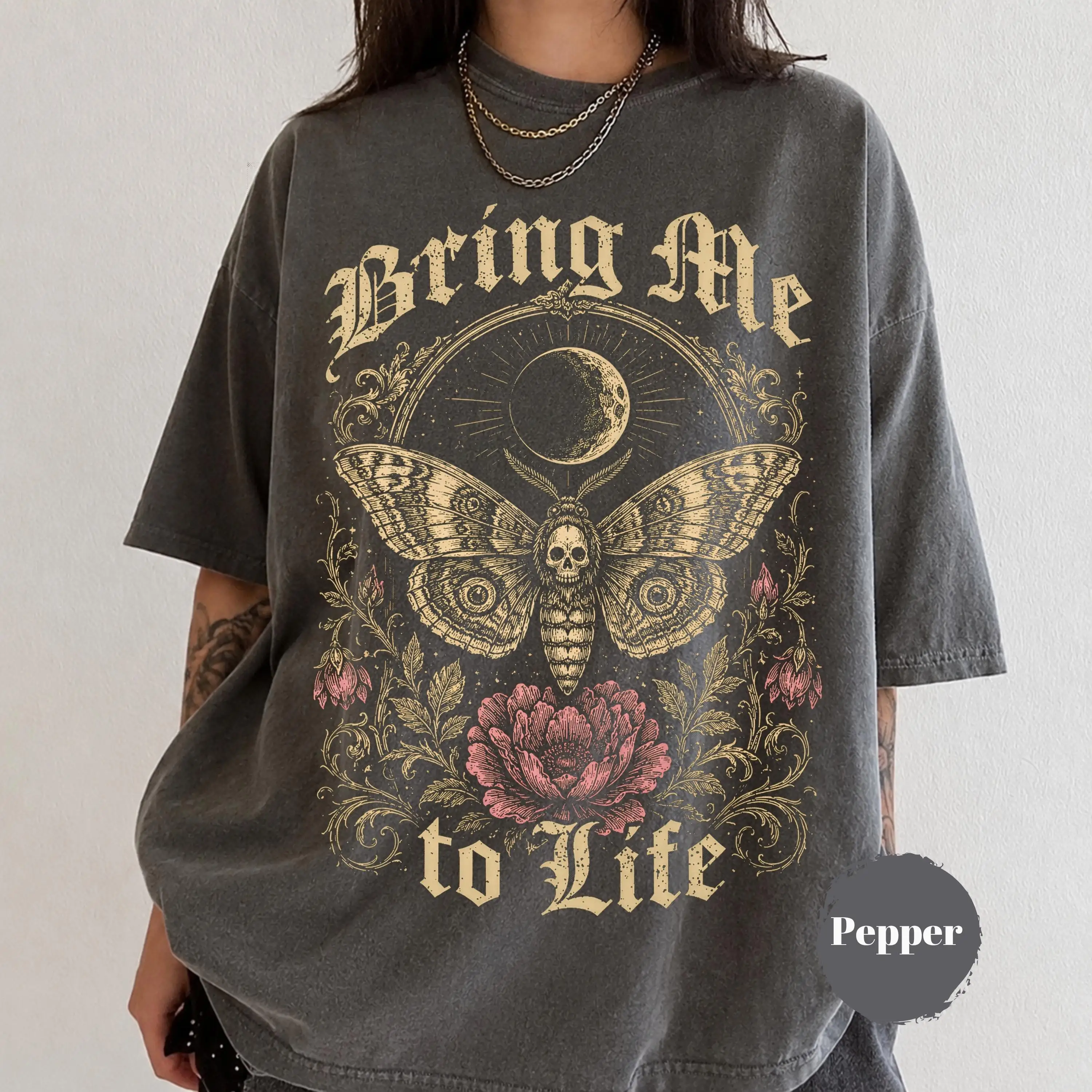 Sommer Damen Vintage Motten-Grafik T-Shirt aus Baumwolle, Atmungsaktiv, Kurzarm, Streetwear, Übergroß, Locker Geschnitten, Lässig