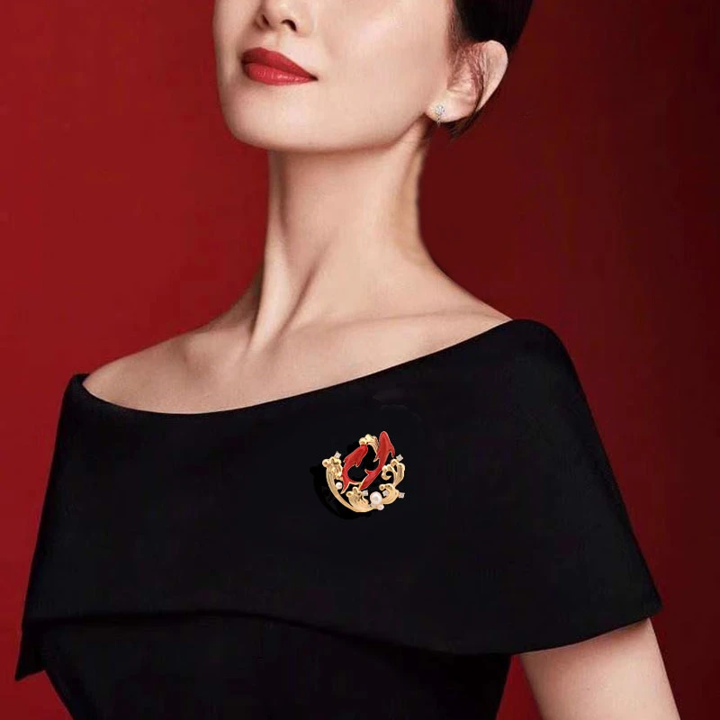 New Chinese National Fashion Fish Brooch Koi Pin Women's Coat Lucky Red Corsage Classical Style Jewelry Clothes Accessories 6095