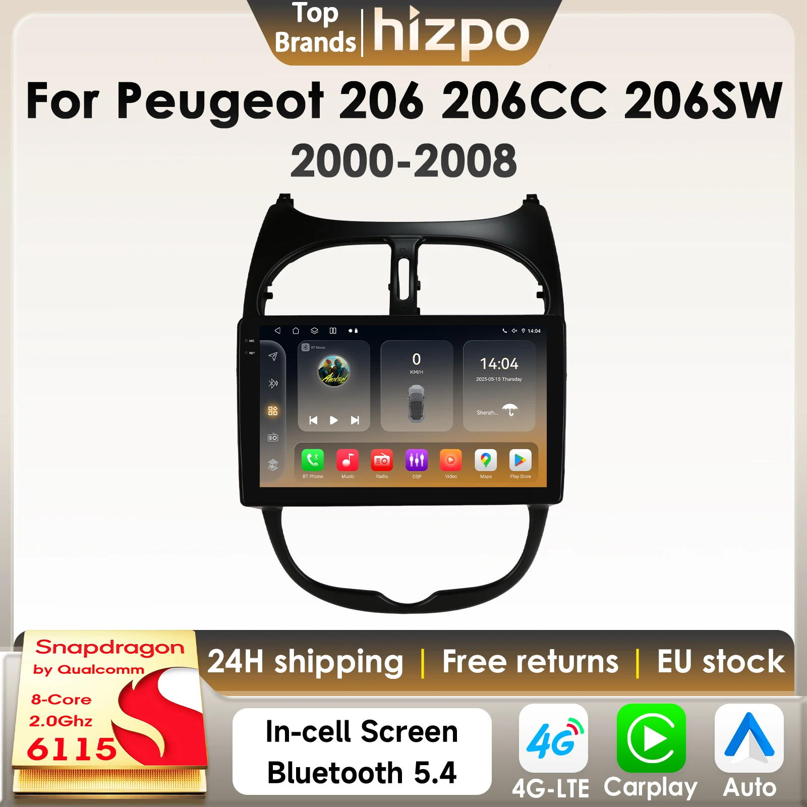Hizpo von Qualcomm Snapdragon 6115 Android 14 Autoradio für Peugeot 206 206CC 206 SW 2000–2008 Multimedia Carplay Player Navi GPS