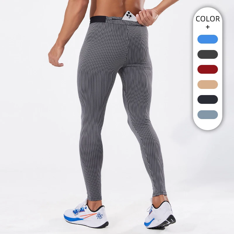 Man Sports First Layer Leggings Strip Pants Zipper Back Pocket Gym Wear Tights Running Fitness Compression Trousers Workout