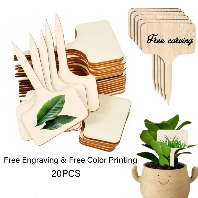 

20PCS Free Custom Engraving And Color Printing T-Type Wooden Plant Labels Eco-Friendly Wooden Plant Sign Tags Garden Markers