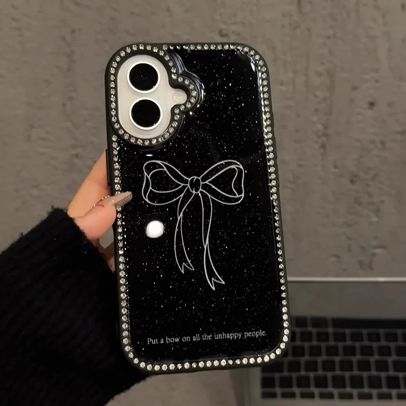 Ins Fashion Glitter Diamond Bling Bow Glossy Case For iPhone 16 15 13 14 Pro Max Shockproof TPU Phone Cover Shell