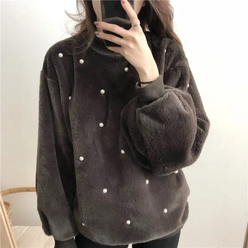 Thick Furry Pullover Women Autumn Winter Soft Warm Mohair Loose Sweet Retro Pearl Mink Tops New Tops White Coffee Khaki New 2021