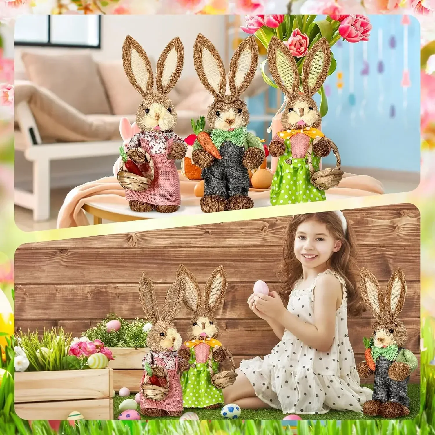 2PCS Straw Rabbits Bunny Decorations for Easter Party for party photo props
