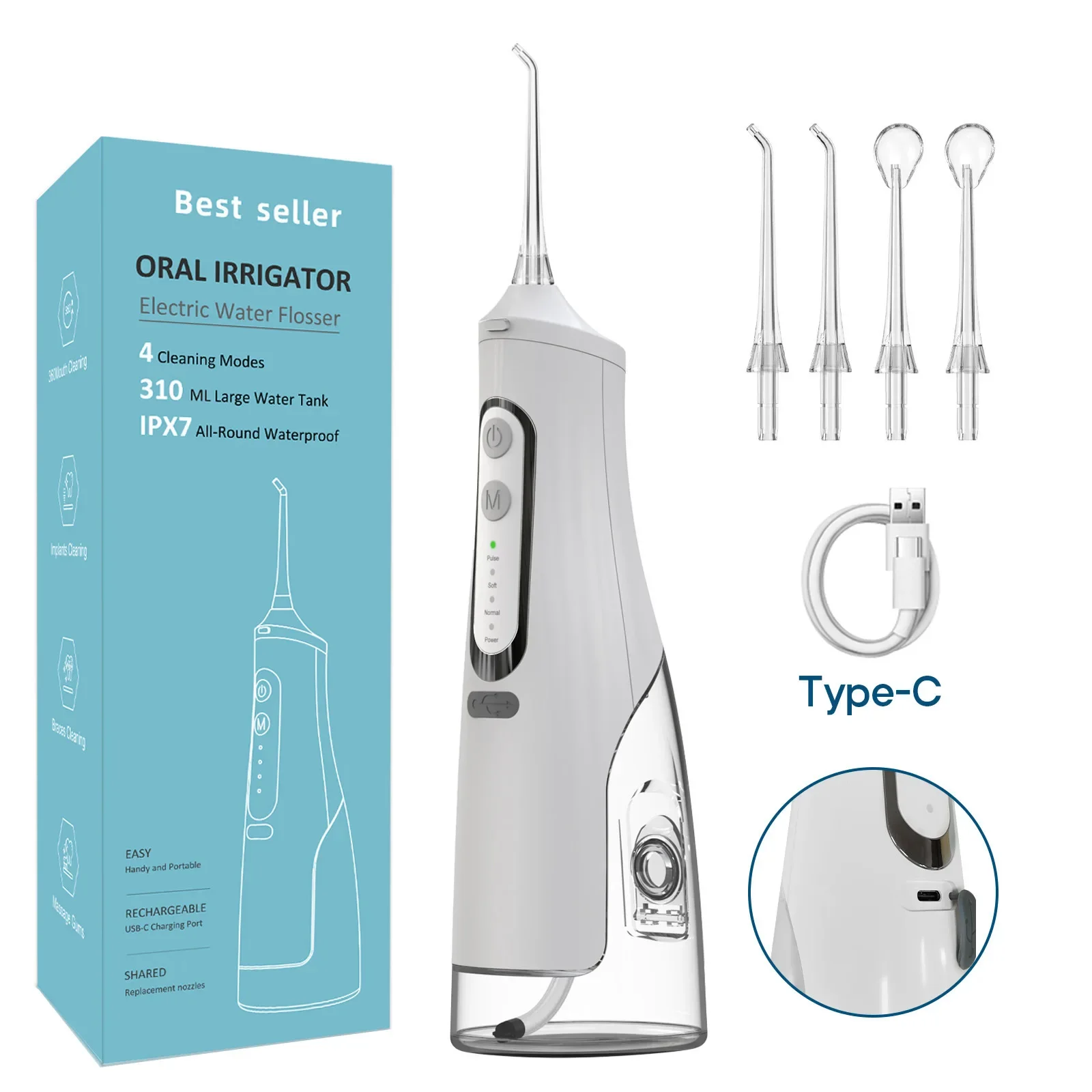 

Oral Irrigator USB Rechargeable Water Flosser Portable Dental Water Jet 300ML Water Tank Waterproof Teeth Cleaner Whitening Tool