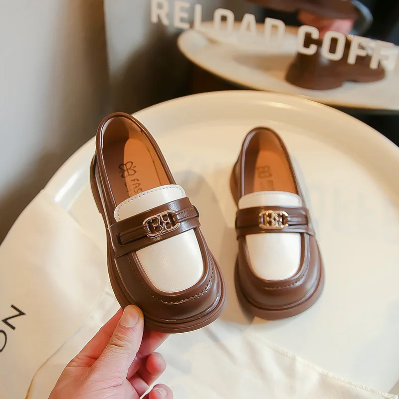 Children Casual Leather Shoes Fashion Patchwork Slip-on Unisex School Boys Girls Loafers Spring Kids Chunky Heel Platform Shoes