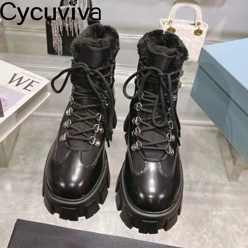 

Round Toe Real Leather Platform Ankle Boots Women Lace Up Winter Wool Fur Chelsea Boots Casual Warm Fur Shoes For Women