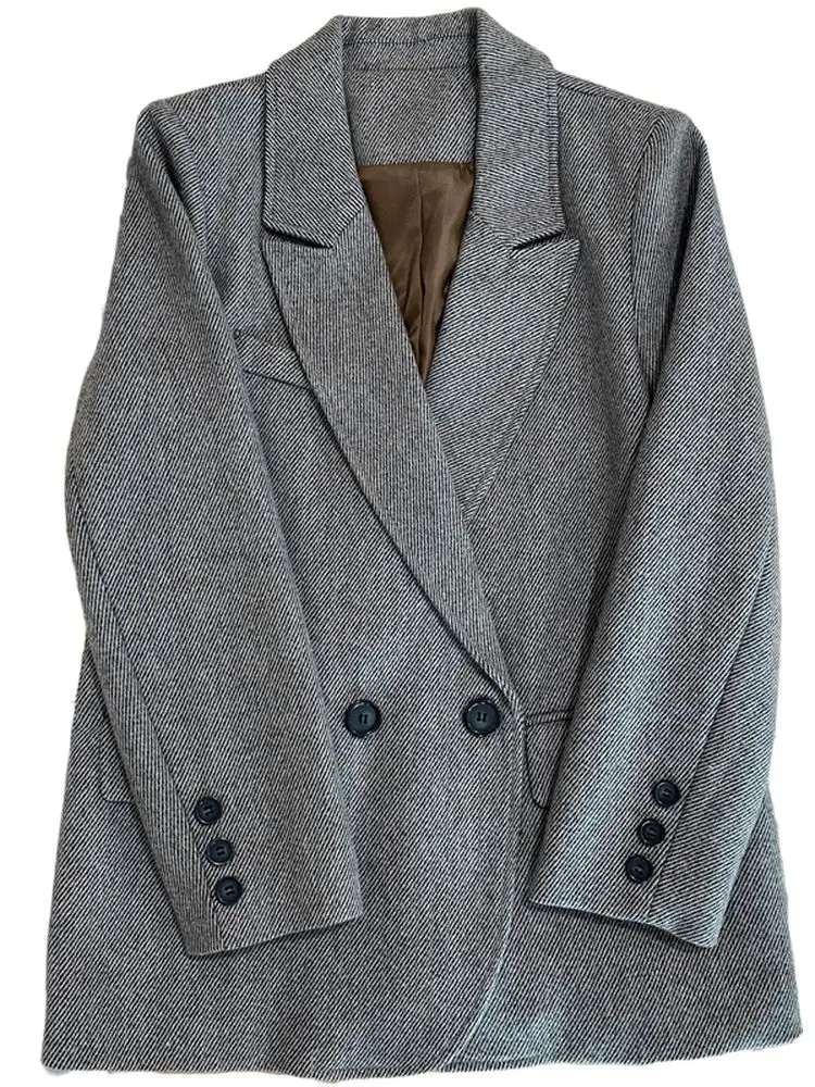 Mistura de lã Offce Senhora Blazer Jaqueta Feminina Outono Inverno Duplo Breasted Solto Turn-down Colarinho Temperamento Grosso Cinza 4 Weddings & Events