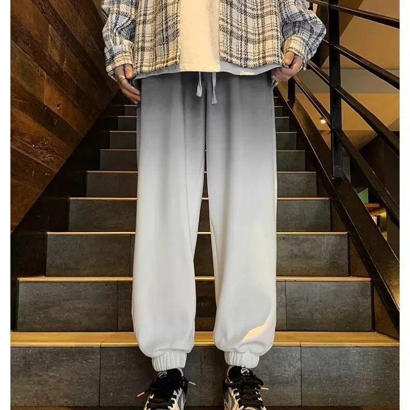 Simplicity Korean Summer New Pants Men Solid Gradient Loose Straight Comfortable Drawstring Elastic Waist Harlan Casual Trousers