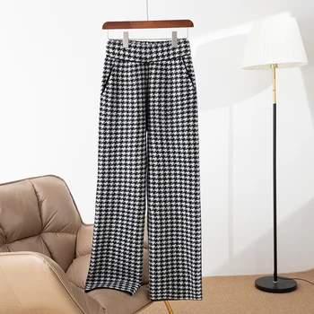 100% merino wool women's knitted trousers, fashionable, warm, thickened, houndstooth, wide-leg pants, new autumn and winter 2024 1