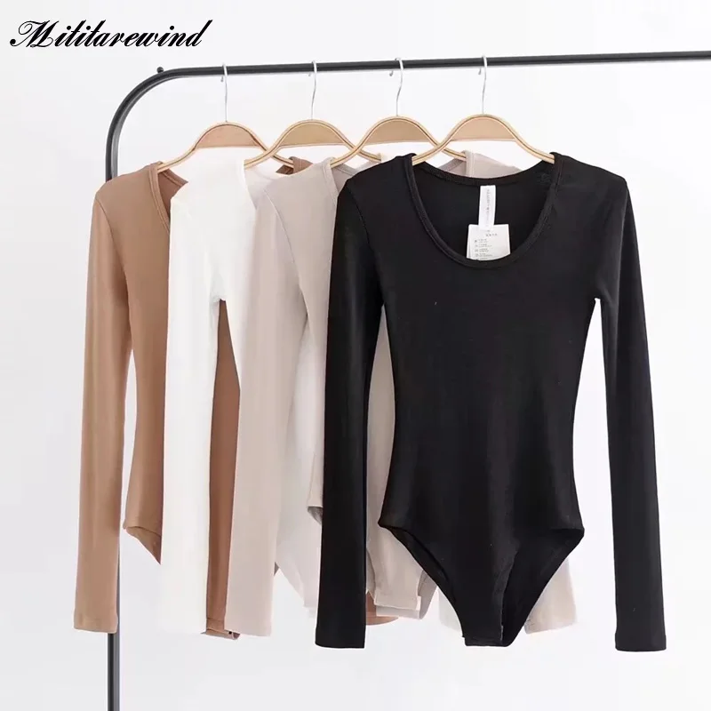

Fashion Sexy Hot Style Solid Playsuits Basic Long Sleeve Pullover Casual Round Neck Short Romper Women's Streetwear Bottoming