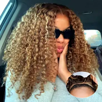 Deep Wave Honey Blonde Glueless Wigs Human Hair Pre Cut Highlight Wear and Go Curly Wigs for Women Ombre HD Lace Front Wig 1
