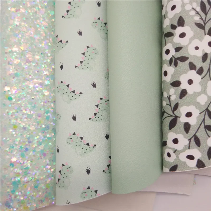 Light Green Crystal Glitter leather, Flowers Dinosaurs Printed Synthetic Vinyl Faux Leather Sheets For Bows DIY 21x29CM Q274