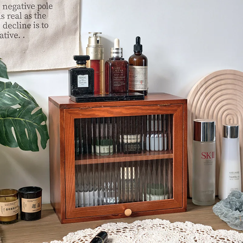 Cosmetic storage cabinet Changhong glass small cabinet clamshell cabinet door solid wood desktop retro European double-layer sto 3