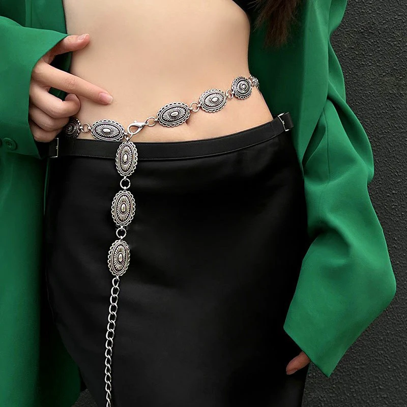 Vintage Gold Chain Belt Female Elliptic Metal Lady Waist Punk Goth Belts For Women Silver Thin Waistband Pant Harajuku Accessory