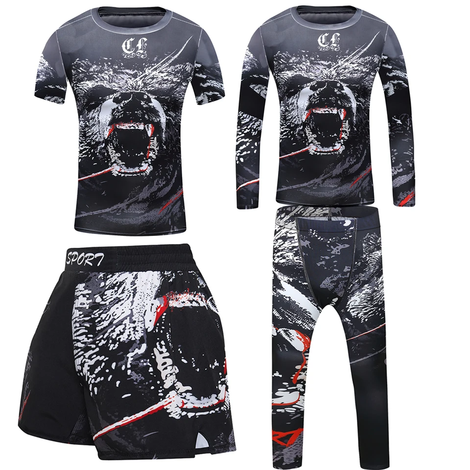 

4PCS Sports Suit Kids Compression Shirt Pants Shorts Set Children MMA Rashguard Jiu Jusit Bjj GI Muay Thai Running Sportsuits