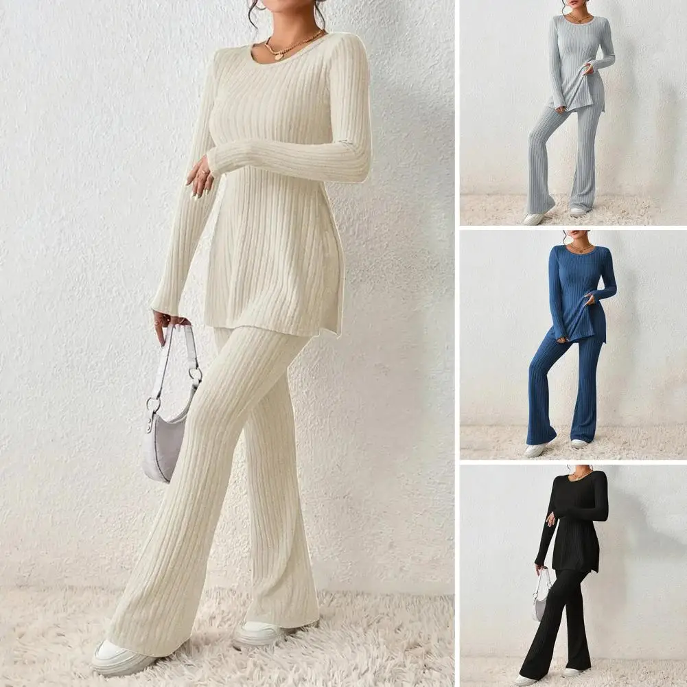 

Casual Two-piece Suit Stylish Women's Knitted Two-piece Suit with Long Sleeve Ribbed Top High Waist Flared Trousers for Fall