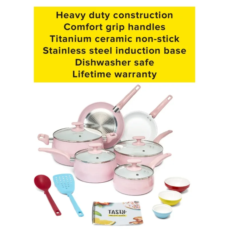 Tasty Ceramic Titanium-Reinforced Cookware Set, Pink, 16 Piece - AliExpress