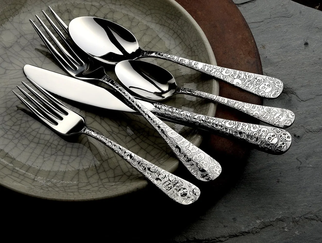 Calavera (Skull) 45 Piece Flatware Set for 8 Silverware Highest Quality Stainless Steel Dishwasher Safe