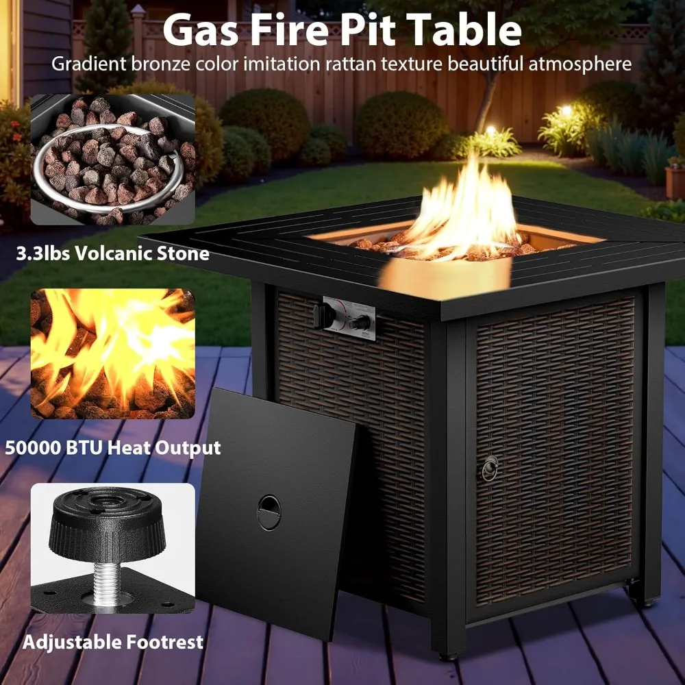 5 Piece Patio Furniture Set with Fire Pit Table - Glider Loveseat, Tempered Glass Side Table, Wicker Patio Sofa Set 6